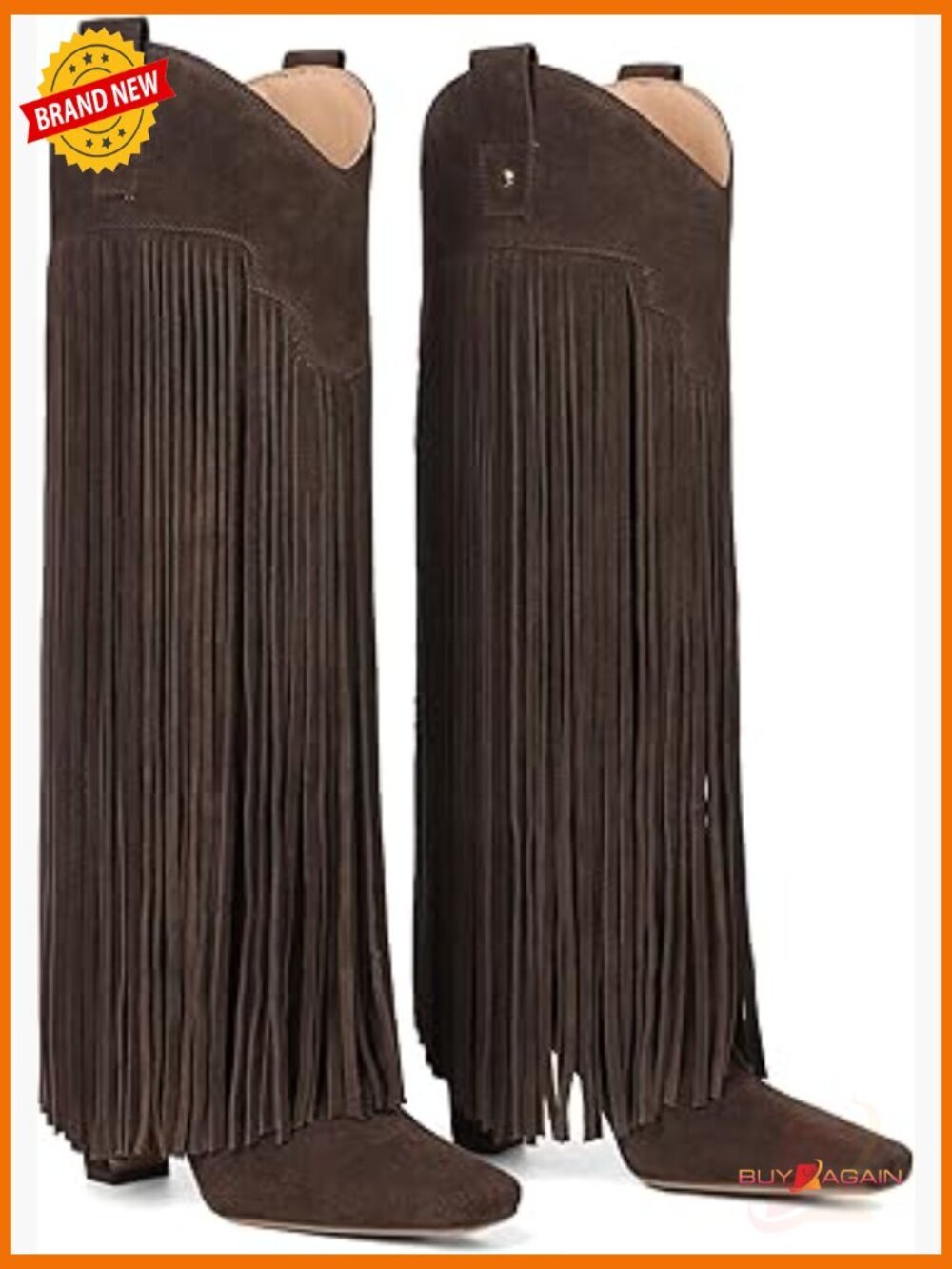 Knee High Boots Suede Square Toe Chunky Heel Fringe Pull On Tall - Picture 1 of 6